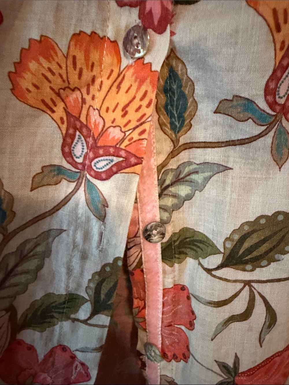 Johnny Was Workshop Floral Button-Up Shirt - Coral & Green on Cream - Picture 3 of 4